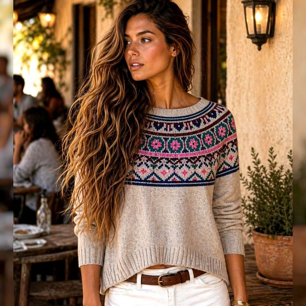 American Eagle M Wool Blend Aztec Fair Isle Sweater Boho Y2K High Low Pullover